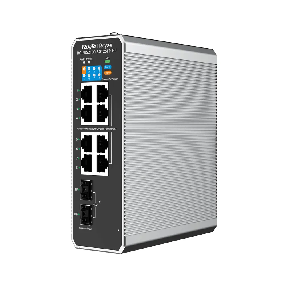 10-Port Cloud Managed Industrial Switch, with 1 x PoE++ Port, 7 x PoE+ Ports, and 2 x SFP Uplink Ports