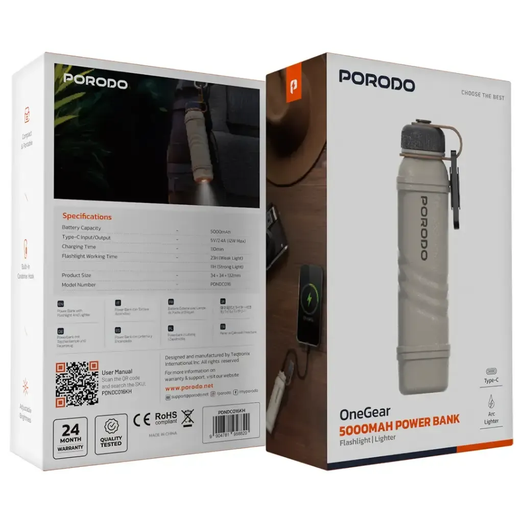 Porodo OneGear 5000mAh Outdoor Power Bank with Flashlight and Arc Lighter