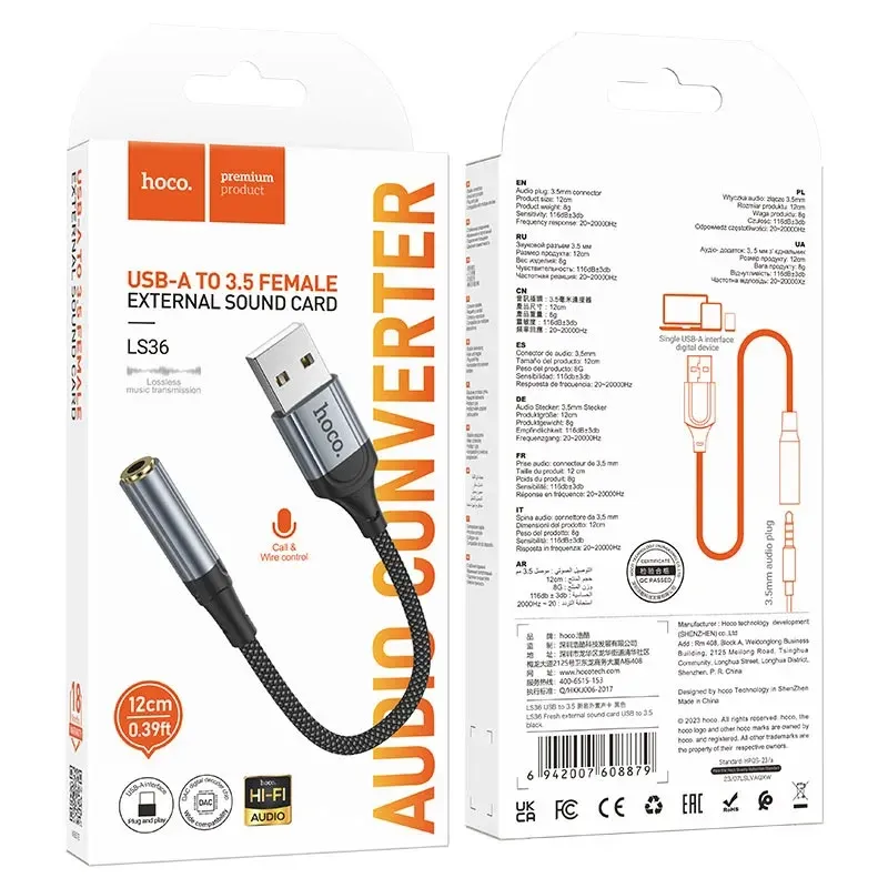 Hoco LS36 Digital Audio Converter USB-C or USB-A to 3.5mm — USB-C to 3.5mm