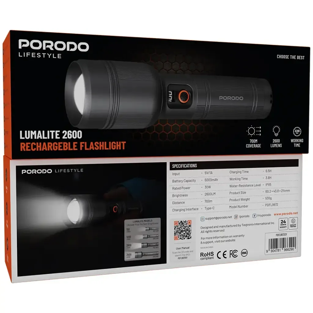 Porodo Lifestyle Lumalite 2600 Rechargeable Flashlight Grey