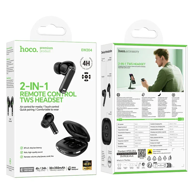 Hoco EW204 2-in-1 Remote Control TWS Wireless Earbuds