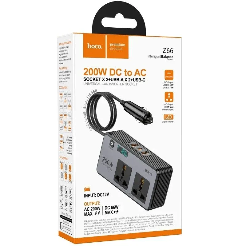 Hoco Z66 200W Car Power Inverter DC 12V to AC 220V with PD 66W